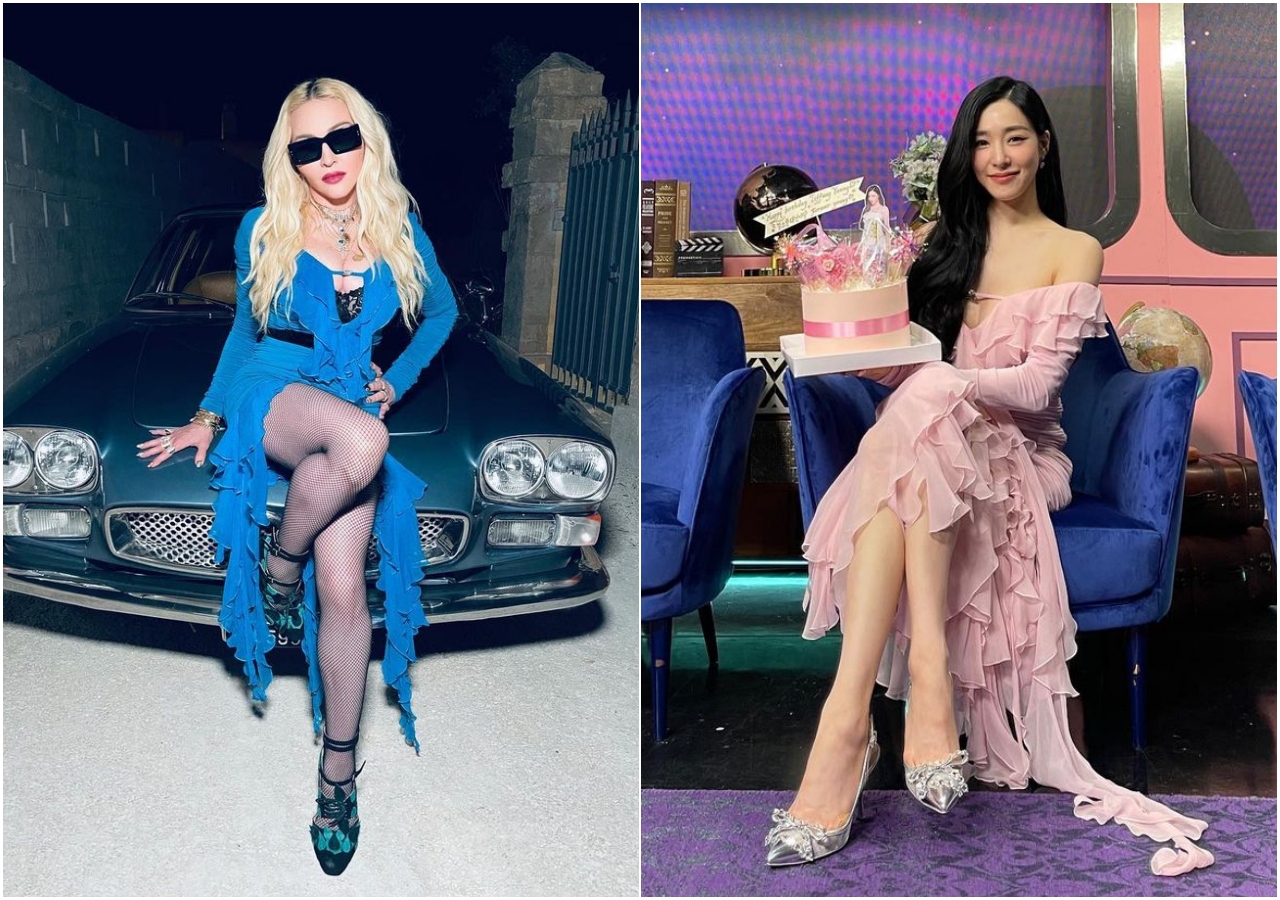 63歲的瑪丹娜（左圖）與32歲的Tiffany（右圖），穿上同款不同色的BLUMARINE 2021秋冬飄逸雪紡層次洋裝。（藍鐘提供）