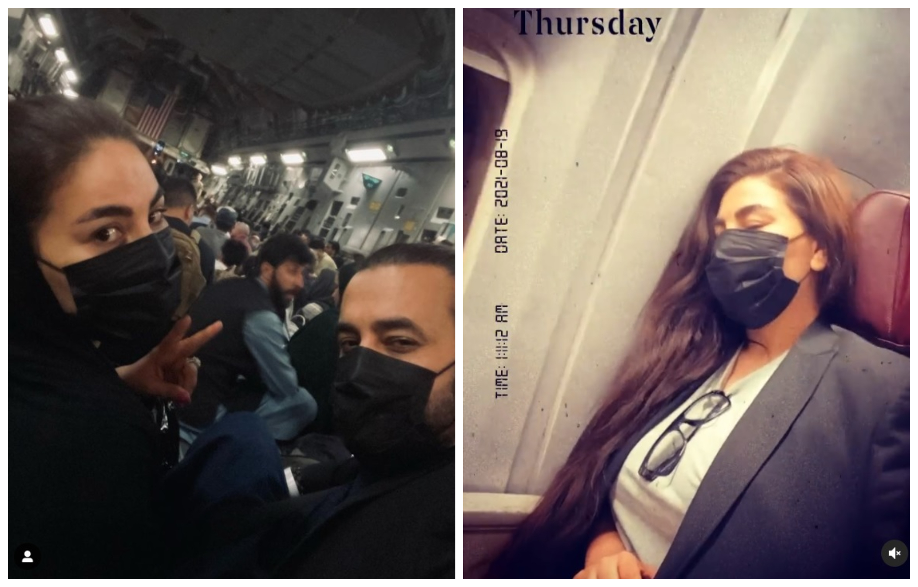 阿富汗政局淪陷,天后賽伊德(左圖左)與未婚夫Hasib Sayed搭上美軍C-17運輸機逃亡。(翻攝aryanasayeedofficial推特)