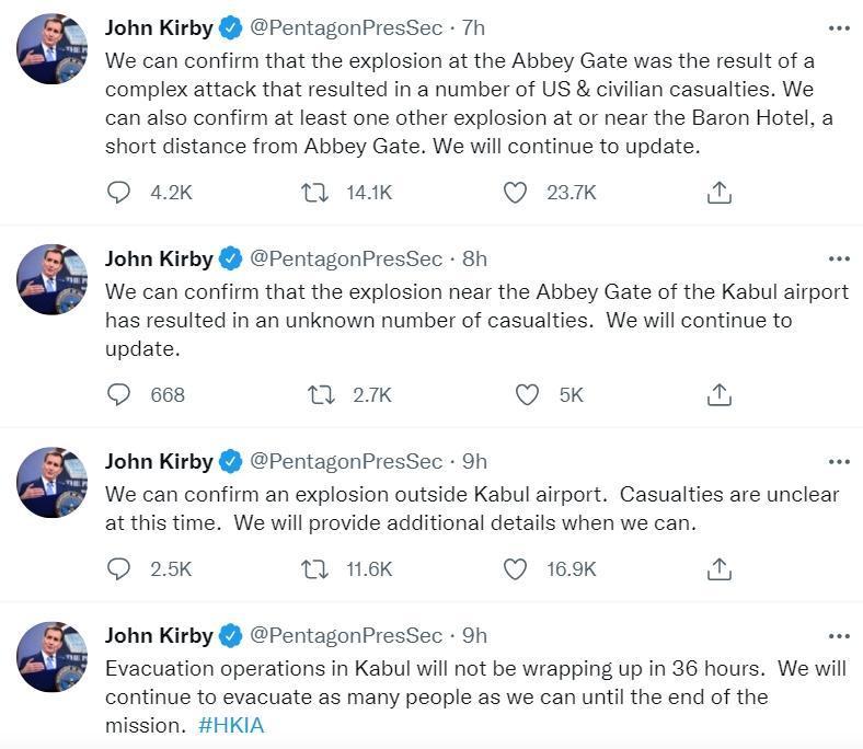 美國國防部發言人柯比陸續在推特更新最新資訊。(翻攝自John Kirby推特)