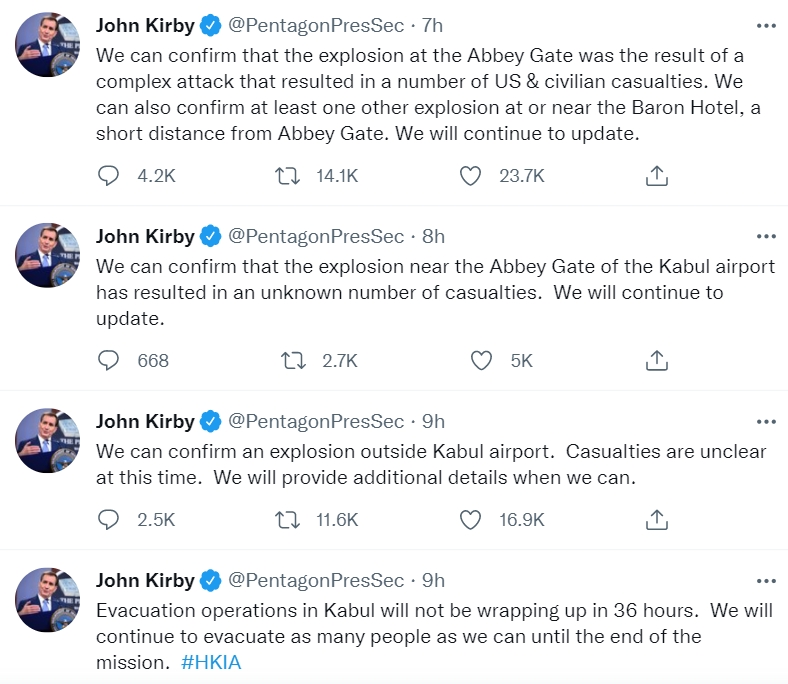 美國國防部發言人柯比陸續在推特更新最新資訊。（翻攝自John Kirby推特）