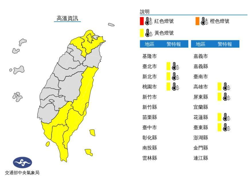 氣象局對7縣市發布高溫警報。(翻攝自中央氣象局網站)