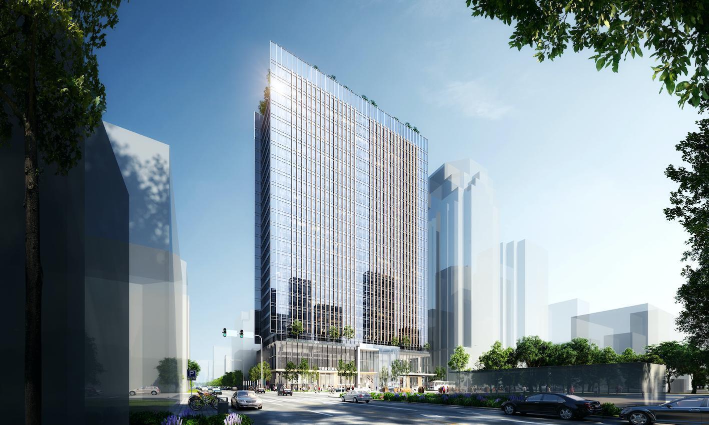 麗寶集團名軒開發高捷橘線O4市議會站開發案建築外觀示意圖。(麗寶集團提供)