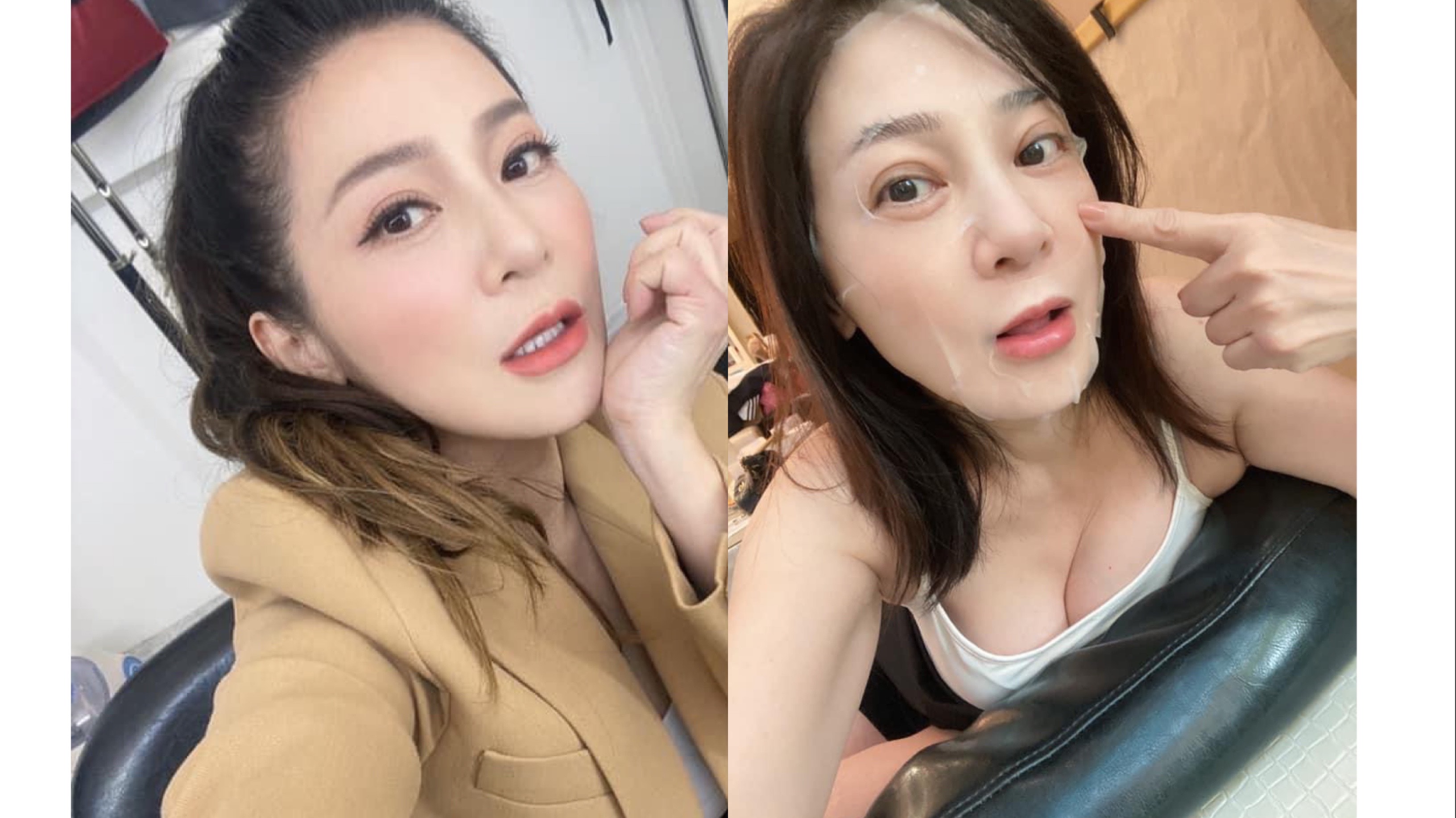 王彩樺自貼敷臉美照，但網友焦點全在她被擠到變形的胸部上。（翻攝自王彩樺臉書）