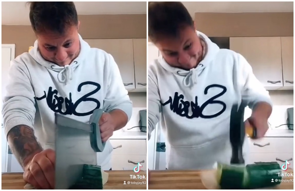 一名男網紅實驗市售的保險套到底多耐用，用鐵鎚、鋸子使盡地破壞。（翻攝@tobyjay92的抖音）