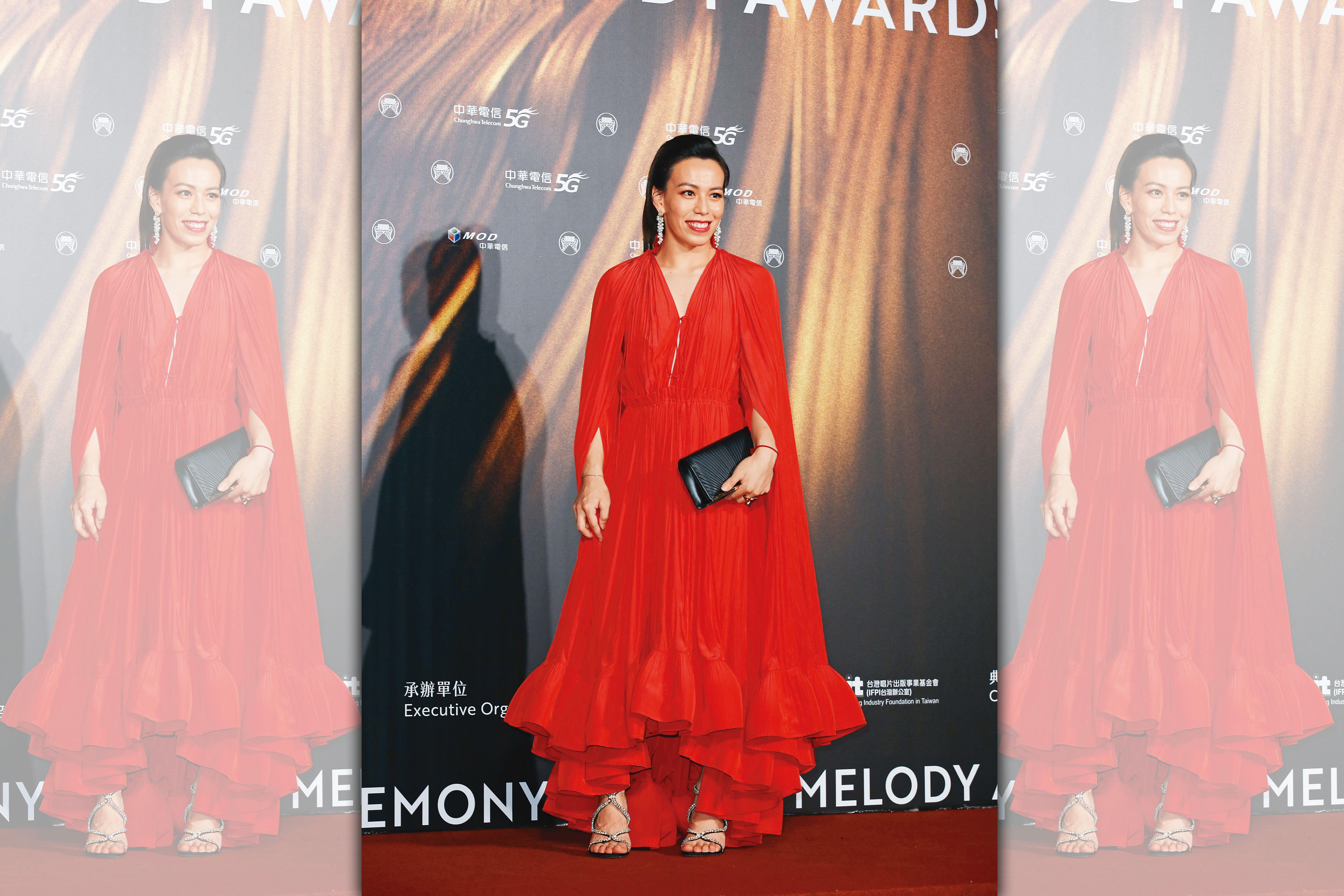 郭婞淳身著Lanvin禮服，手拿Grace Han晚宴包、腳踏Rene Caovilla高跟鞋現身金曲獎。