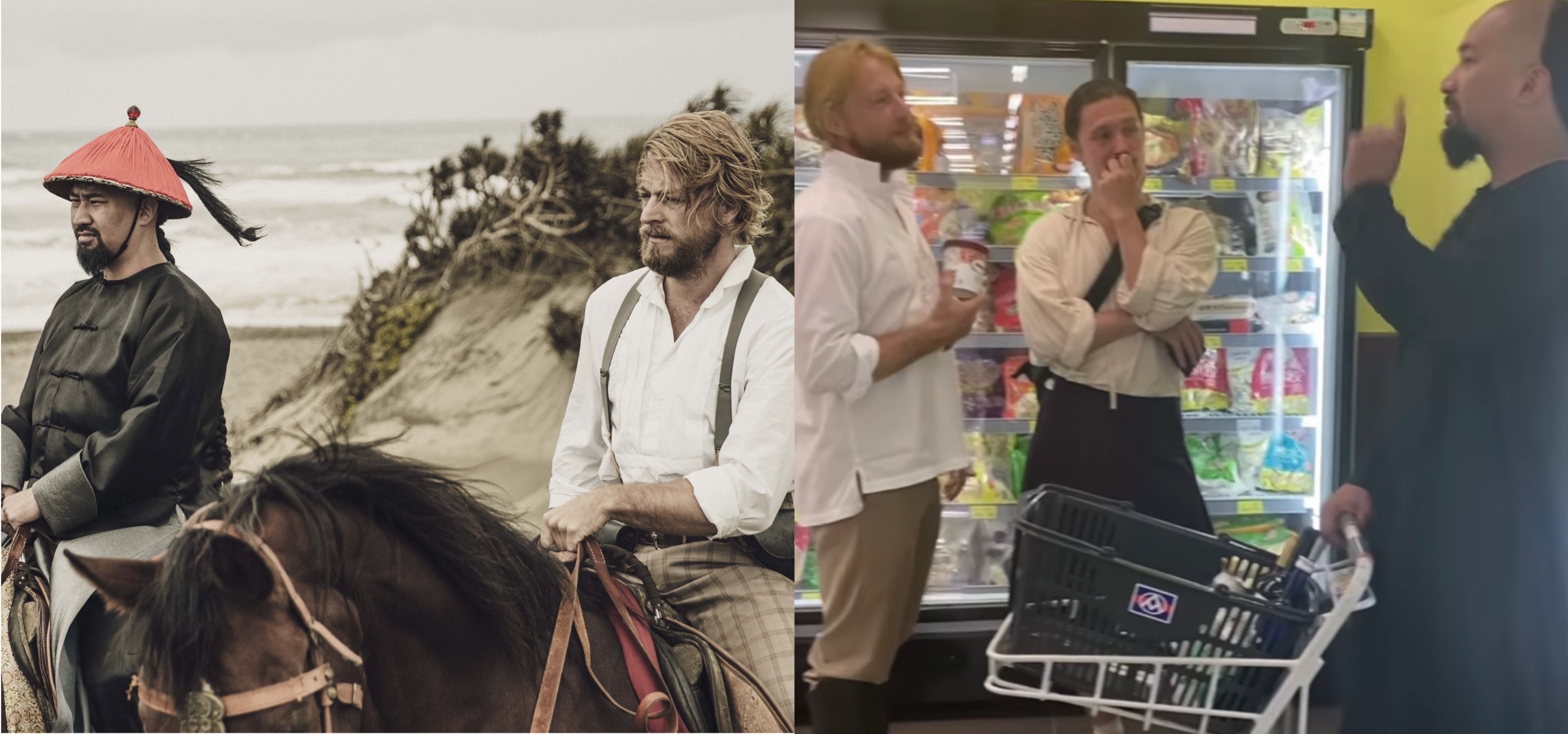 黃健瑋、法比歐、周厚安穿著《斯卡羅》戲服逛超市。（圖/翻攝自溫貞菱IG、公視提供）