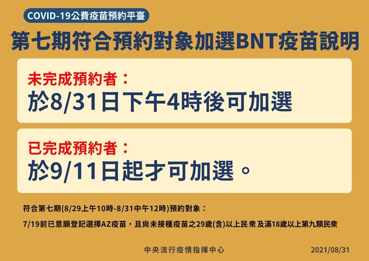 第七期符合資格預約對象加選BNT疫苗說明。（指揮中心提供）