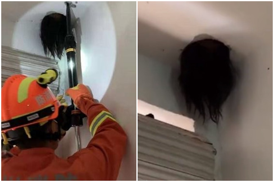 少女貪玩把自己「插」在安裝抽油煙機的管道洞口。(翻攝自光明網)