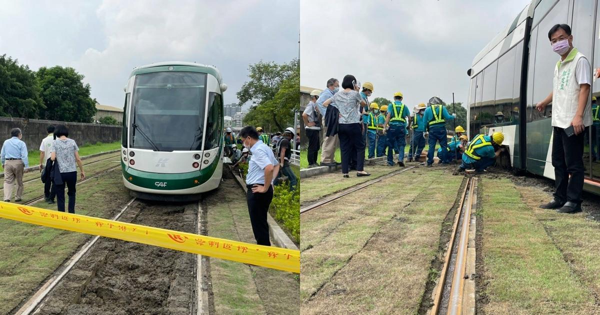 高雄輕軌列車今日上午發生脫軌事故。(翻攝自高雄市議員郭建盟臉書)