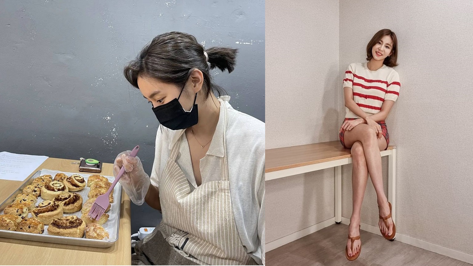 「蜜大腿女神」UIE(右)最近愛上烘焙,跟風製作肉桂捲和司康。(翻攝自UIE IG)