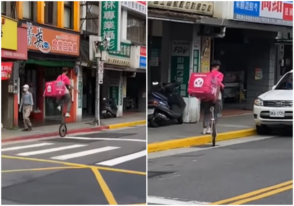 有一名熊貓外送員騎著高難度的單輪車，在指南路三段附近送餐。（翻攝臉書「路上觀察學院」）