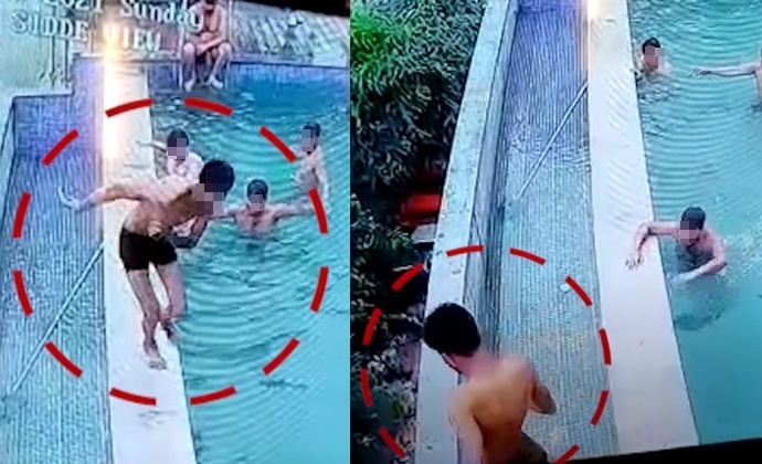 印度一名男子（紅圈處）和友人在飯店空中泳池玩耍，孰料，他不慎踩空重摔至1樓垃圾場。（翻攝自 News18 Virals YouTube 頻道）