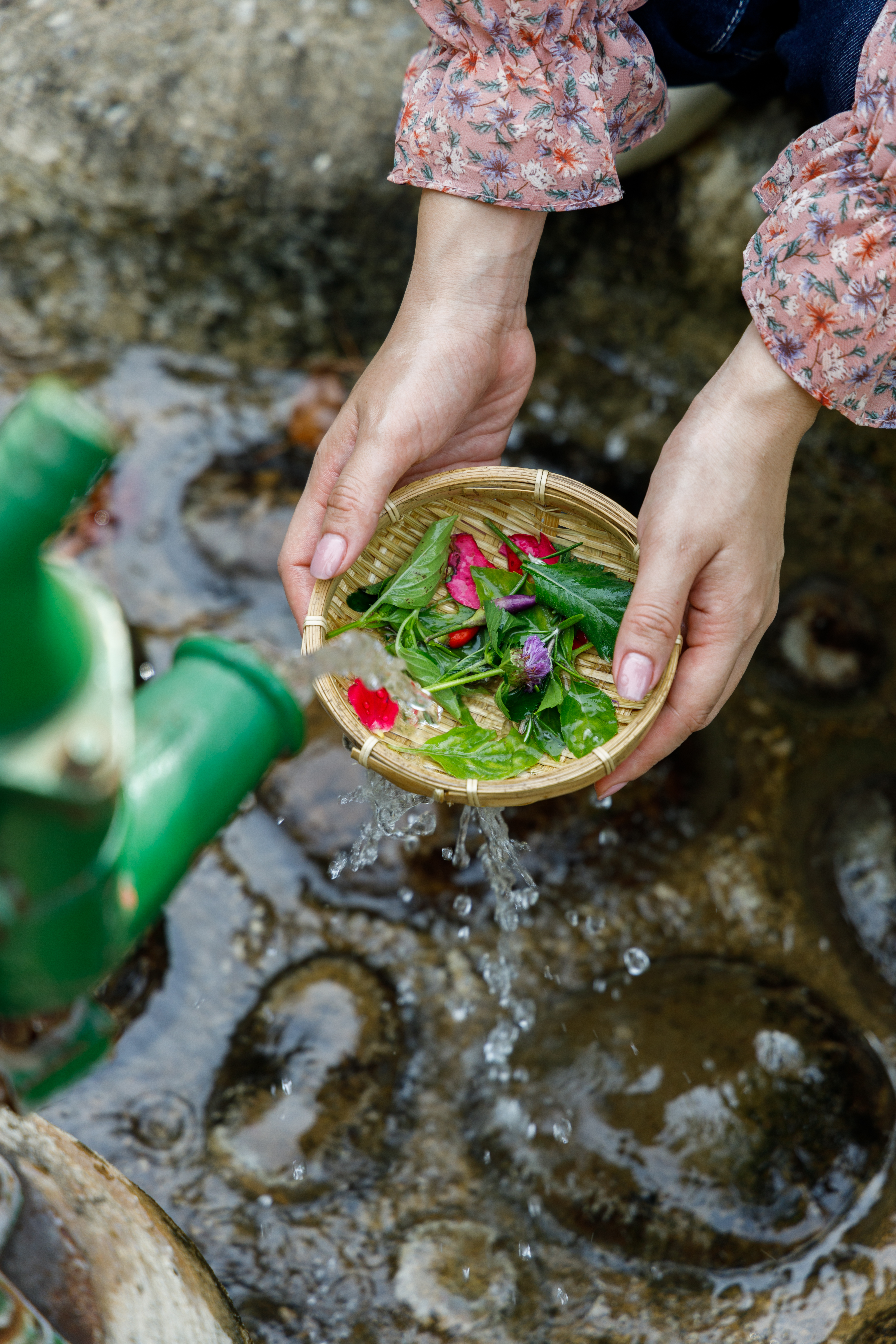 用沁涼的山泉水洗滌花草，泉水匯集成一條小溪，灌溉田園生生不息。 