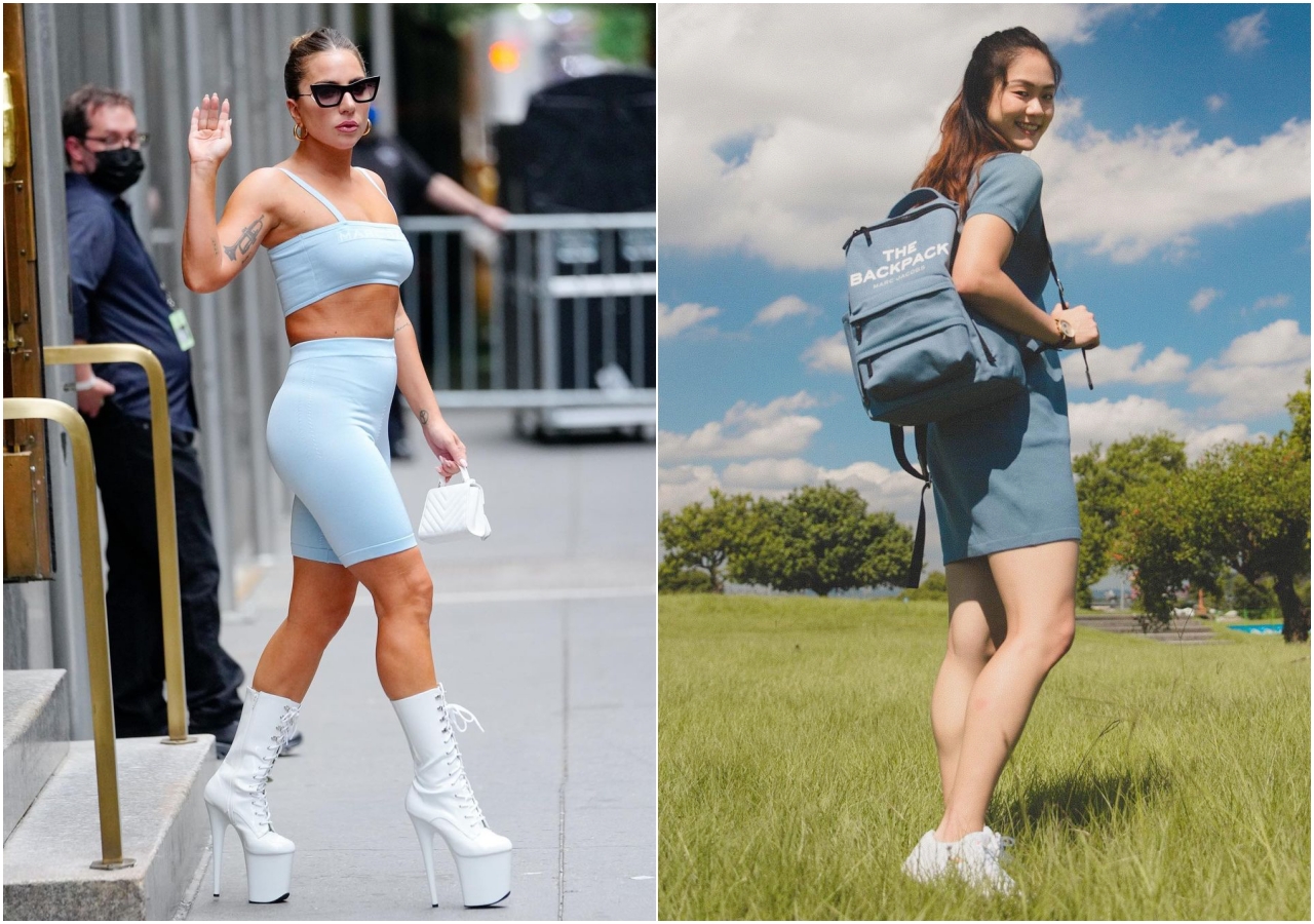 （左起）Lady Gaga與文姿云，都以Marc Jacobs The Color系列藍色調作為自己的外出look。（合成照片）