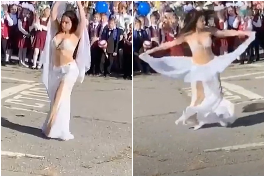 俄羅斯女老師開學日跳肚皮舞迎新生。（翻攝自All In One 》world Info Youtube頻道）