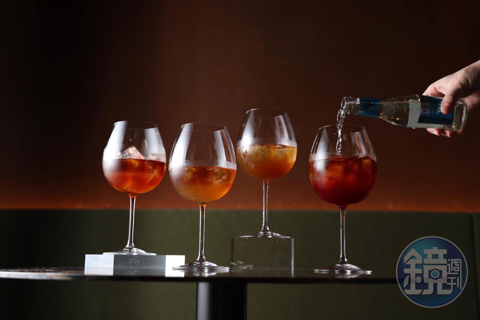 茶香風味液「紅玉紅茶」（右起）結合洛神，帶有果類酸度。重發酵香氣的「武夷烏龍茶」，以金棗帶出柑橘味。「青心烏龍包種茶」融合椰子，透著小白花香。「武夷烏龍茶」加入菊花、綠豆，入口有菊花氣息。