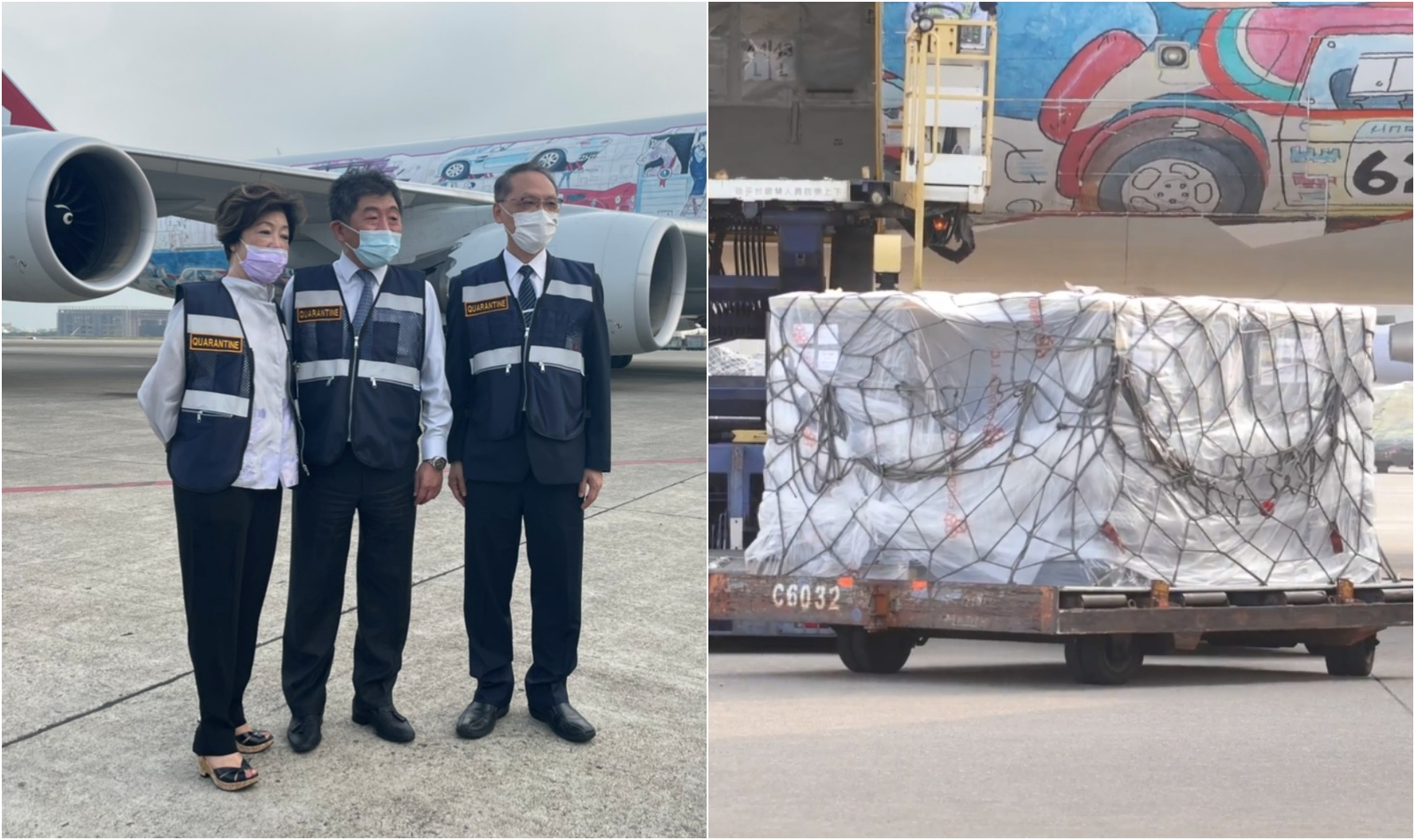 張淑芬（左起）、陳時中、顏博文今早在桃園機場迎接BNT疫苗，卻因疫苗登機前一張照片引發議論。 （台積電基金會提供）