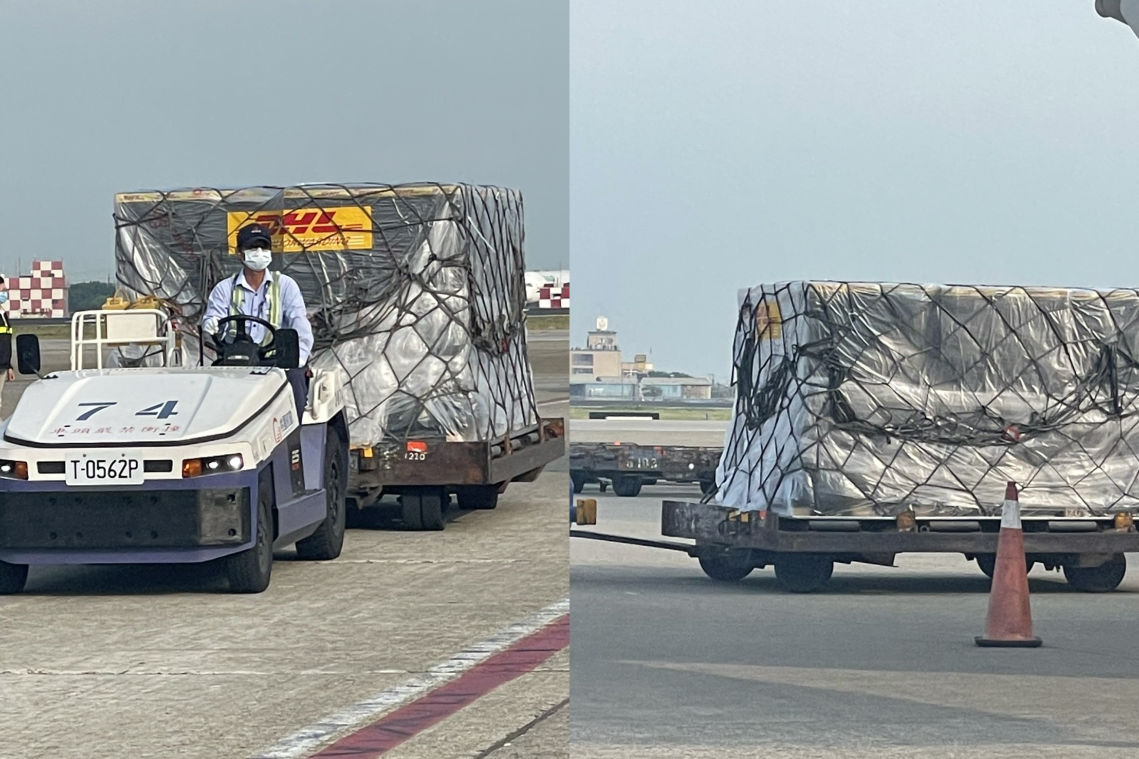 首批劑輝瑞/BNT疫苗昨（2日）上午抵台，但疫苗貨櫃上印有「復必泰」簡體字樣的布條，引發各界熱議。（台積電基金會提供）