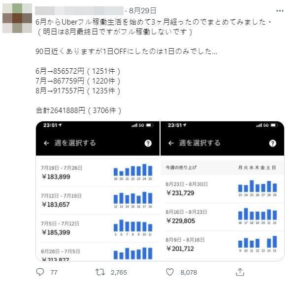 日本外送員分享,自己跑外送3個月累計收入264萬日圓(約新台幣66萬元)。(翻攝自twitter)