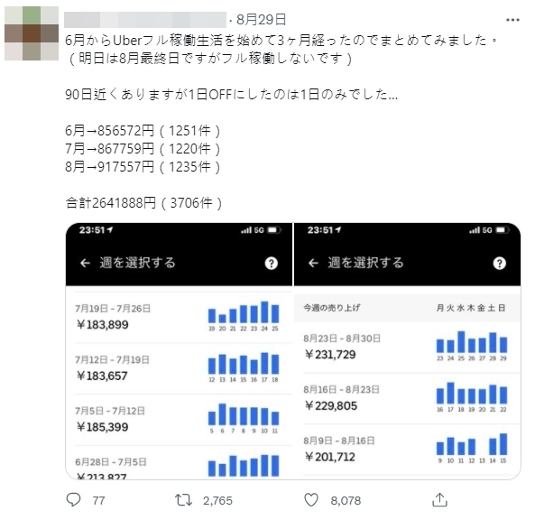 日本外送員分享，自己跑外送3個月累計收入264萬日圓（約新台幣66萬元）。（翻攝自twitter）