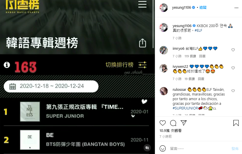 藝聲也開心轉發KKBOX週榜紀錄感謝台灣粉絲。(翻攝自藝聲Instagram)