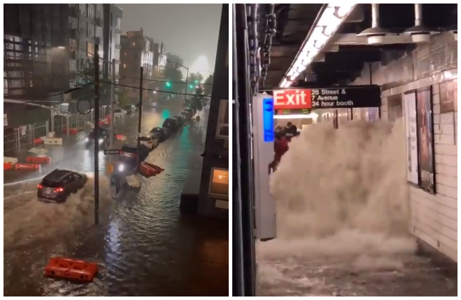 艾達颶風侵襲美東，紐約街頭淹大水（左圖）、地鐵遭洪水灌爆（右圖）。（翻攝Jaymee Sire、mymixtapez推特影片）