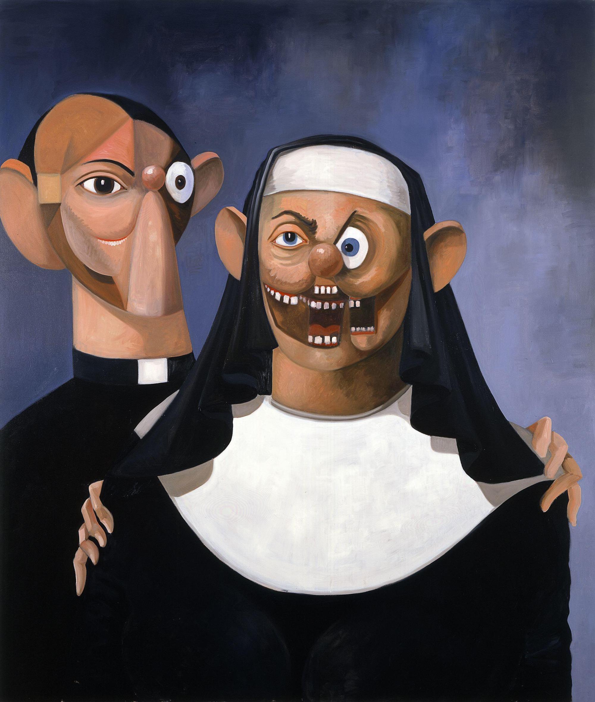 拍賣品之一,喬治·康多油彩畫作《修女與神父》2007年。估價約新台幣3千3百萬元起跳。(佳士得提供)