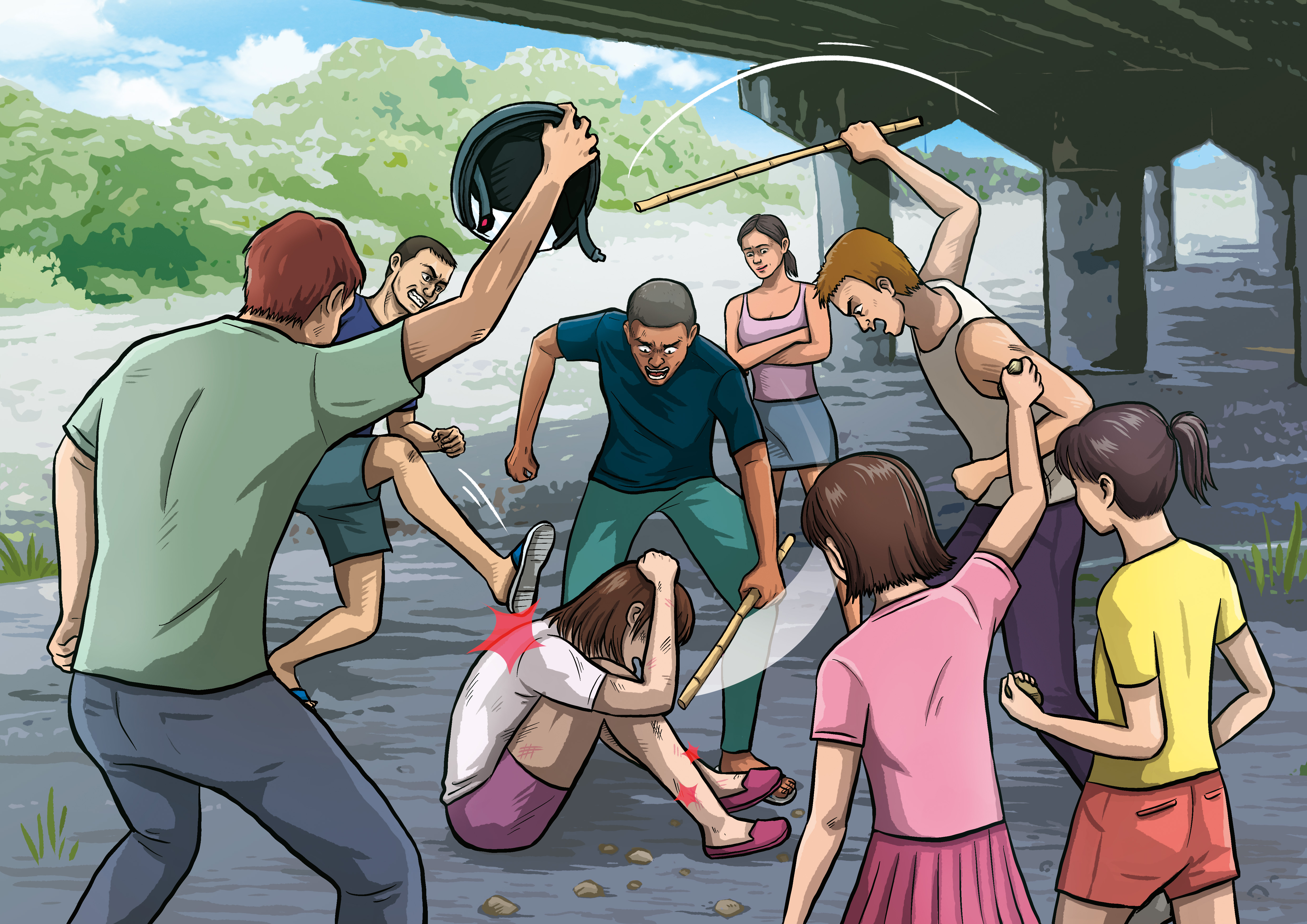 林男與黃女夥同另外3名男性友人及2名女童，將C女強押至橋下圍毆。