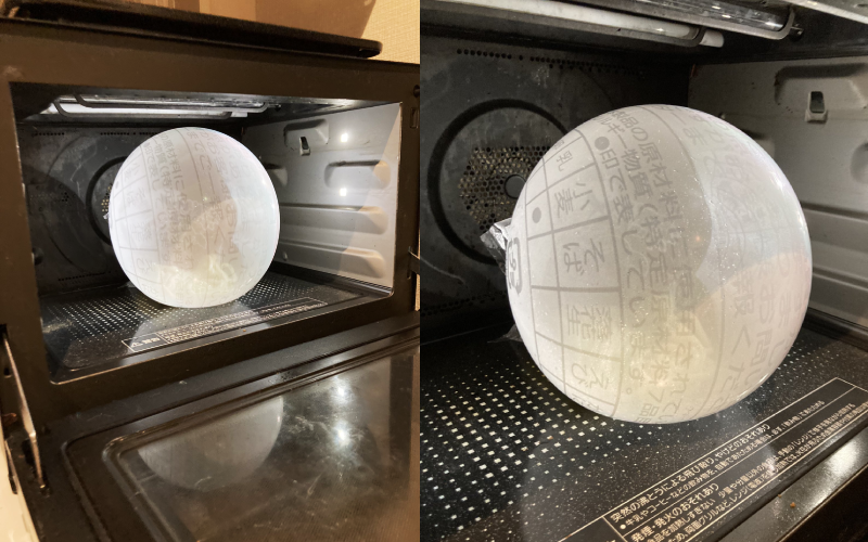 日本一名網友日前用微波爐加熱袋裝烏龍麵條，膨脹成球體的奇特樣貌在推特上引起關注（※有爆炸風險請勿模仿）。（圖片翻攝推特@Feiglingskatze）