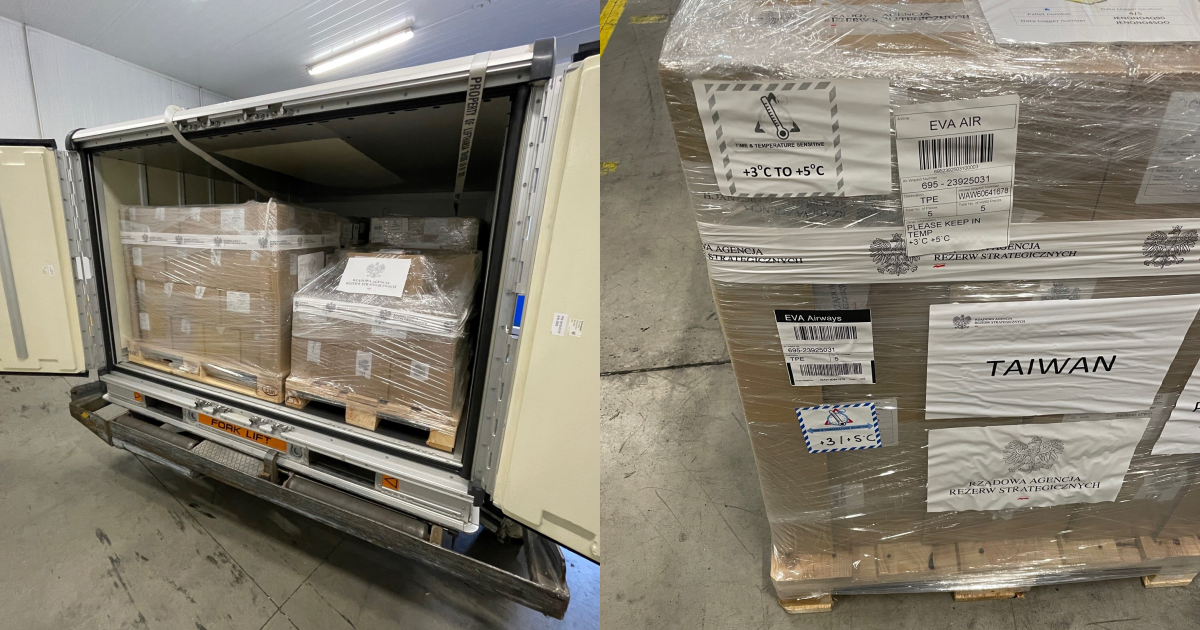 波蘭台北辦事處分享捐贈給台灣的疫苗照片。（翻攝自@PLinTaiwan推特）