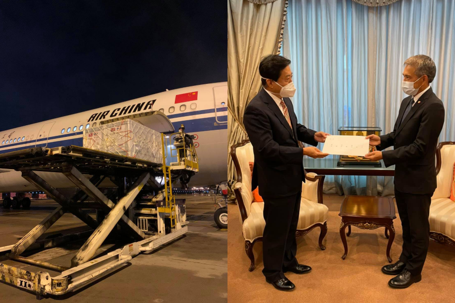 中國近日向泰國捐贈科興疫苗，不過部分泰國網友不領情直批「無效」；左圖為中國紅十字會日前向中國捐贈疫苗，右圖為中國駐泰大使韓志強（左）日前和泰國外交部外交事務司司長Chittipat Thongprasert（右）會面。（翻攝自中國駐泰國大使館臉書）