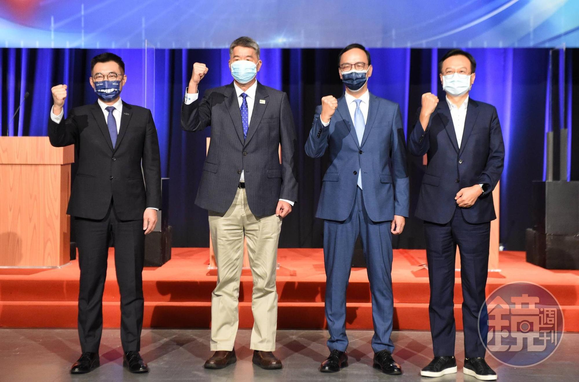 國民黨昨日舉辦電視政見發表會，江啟臣（左起）、張亞中、朱立倫與卓伯源各自對各項議題交鋒。