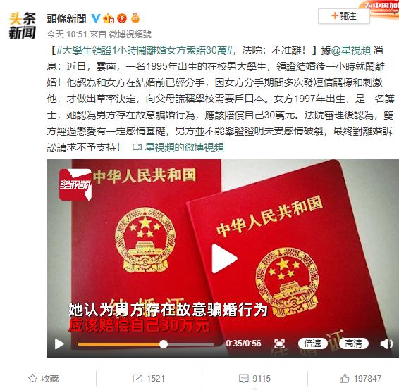 大學生結婚之後1小時就鬧離婚，在網路上引起熱議。（翻攝自微博）