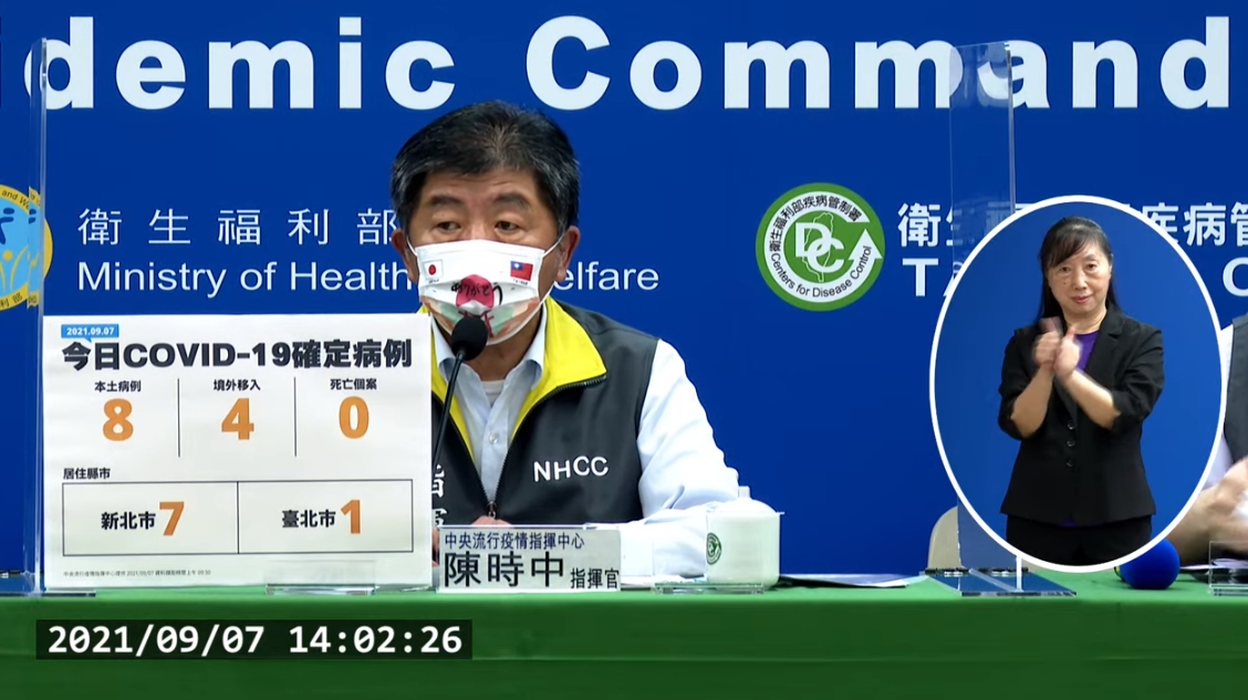 中央流行疫情指揮中心今（7）日公布國內新增12例COVID-19確定病例，分別為8例本土及4例境外移入。（翻攝疾管署Youtube）