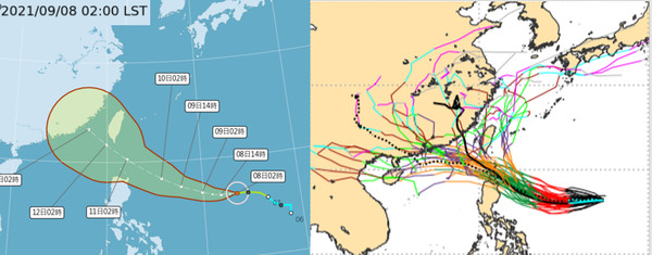 氣象局最新路徑潛勢預測圖顯示，受到高壓所引導，璨樹將偏西轉西北西朝台灣前進。（翻攝「三立準氣象· 老大洩天機」） 