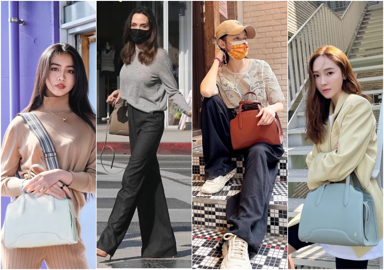 木村光希（左起）、安潔莉娜裘莉、徐若瑄、潔西卡等女星，皆是Loro Piana Sesia系列手提包愛好者。（Loro Piana提供）