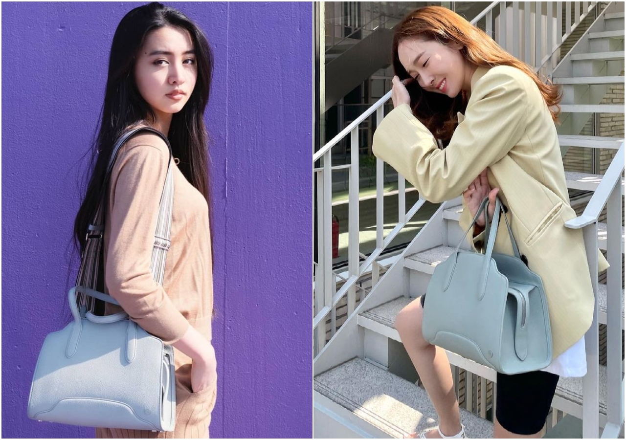 18歲的木村光希與32歲的潔西卡，背著的都是尤加利綠色Sesia系列手提包。NT$142,000（Loro Piana提供）