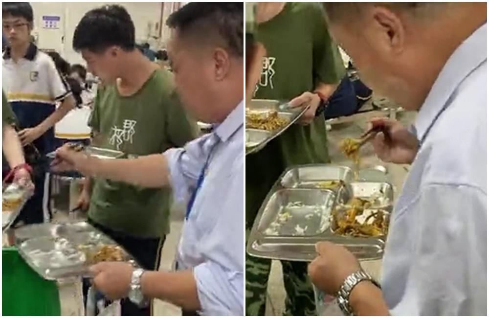 中國一名高中部的校長為了教育學生不浪費食物,每天到廚餘桶旁,當場把學生要倒掉的剩菜吃光。(翻攝瀟湘晨報)