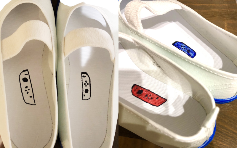 日本有位爸爸在推特分享，7歲的兒子為了分辨鞋子的左右腳，請他在鞋內畫上電動Switch的把手圖樣，絕妙的點子引起10萬網友大讚天才。（圖片翻攝推特@xxxrinnoxxx）