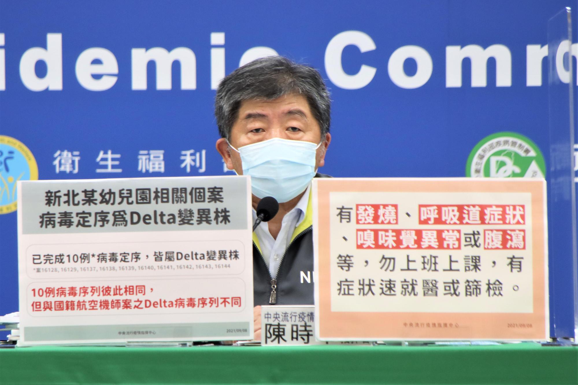 陳時中今(8日)指出,此群聚的基因定序結果確定是Delta變種病毒,不過比對確診長榮機師的病毒序列發現不同。(指揮中心提供)