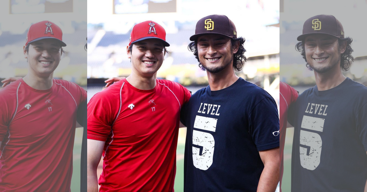 大谷翔平(左)與達比修有(右)在球場開心合影。(翻攝自MLB臉書)