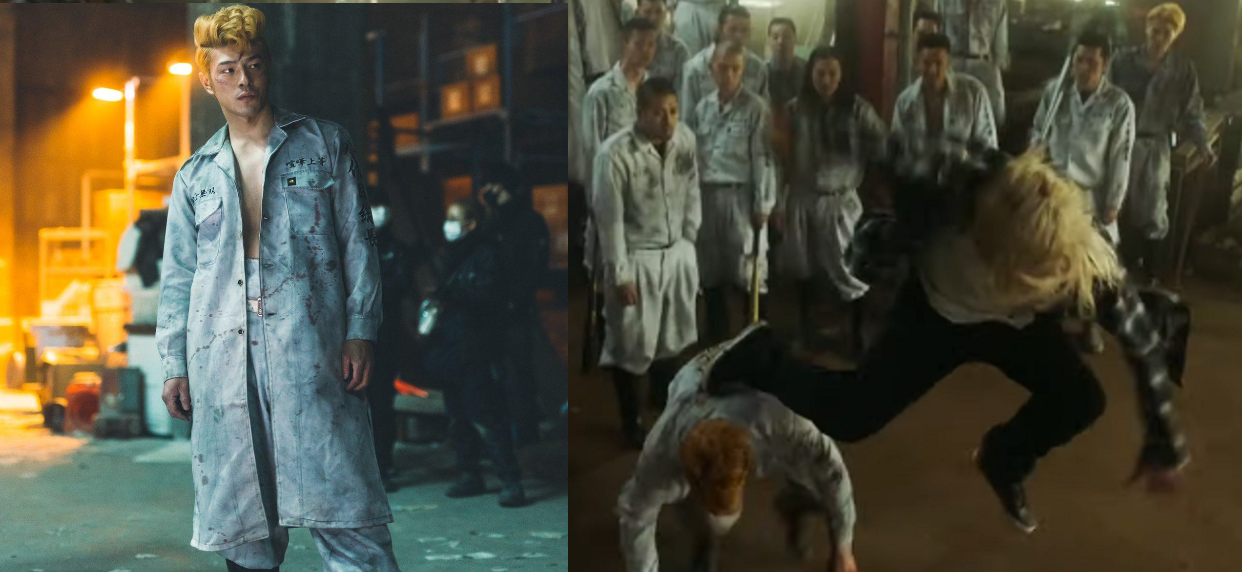 湊祥希（左圖）在《東京復仇者》飾演暴走族「愛美愛主」，被吉澤亮飾演的Mikey狠狠踹飛。（左圖蜜蜂工房提供，右圖翻翻攝自電影預告）