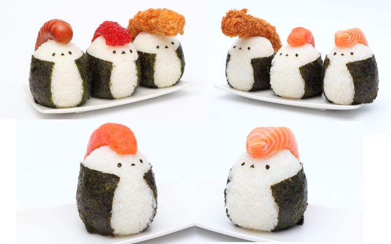 日本一名攝影師將不同食材放在有可愛小臉的造型飯糰上，就像各種飛機頭髮型的反差萌樣，在推特爆紅。（圖片翻攝推特@daily_simaenaga）