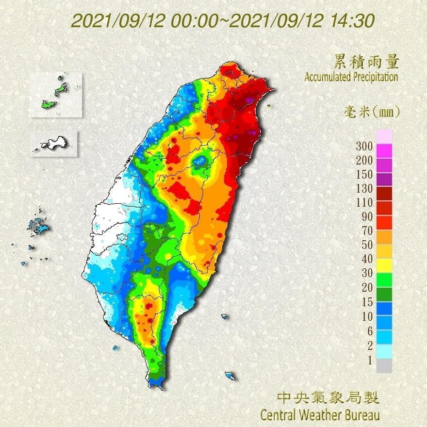 中央氣象局公布目前累積降雨發布圖,以宜蘭與北部最為嚴峻。(氣象局提供)