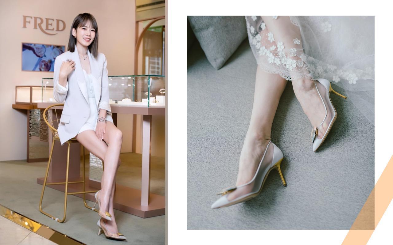 Melody穿著SAUVEREIGN Marlene 75網紗材質金箔跟鞋,搭配Pure 3傳世金箔釦。(翻攝自IG、SAUVEREIGN提供)