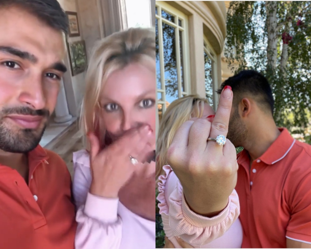 山姆阿斯加里（左）、布蘭妮（右）大方秀出戒指宣告訂婚，布蘭妮還刻意擺出無名指，霸氣外露。（翻攝自Sam Asghari、Britney Spears官方Instagram）