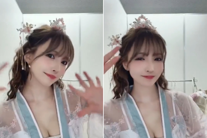 三上悠亞穿漢服的影片引來「辱華」爭議，引發中國兩派網友論戰。（翻攝自三上悠亞微博）