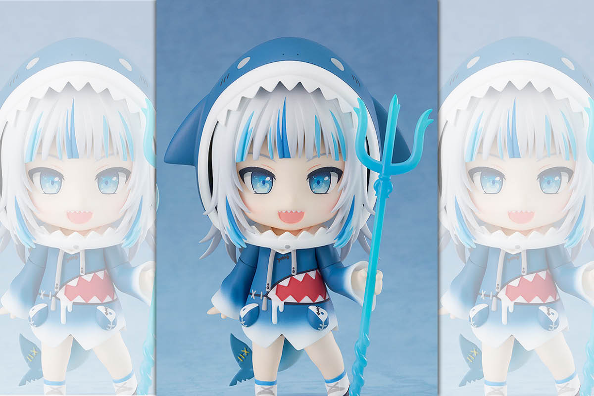 「黏土人 噶嗚·古拉（Gawr Gura）」引發搶購潮，配件部分有招牌的三叉戟與好朋友「Bloop」。（翻攝自GoodSmile線上商店）