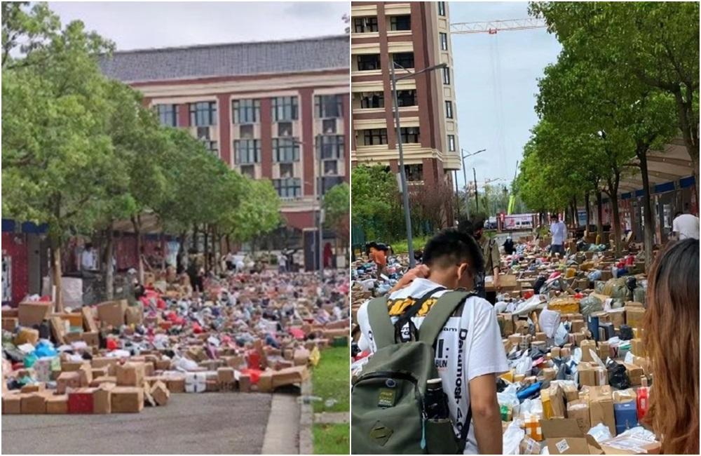 走進上海建橋學院,放眼望去全是學生包裹,多到佔據整條路。(翻攝微博)