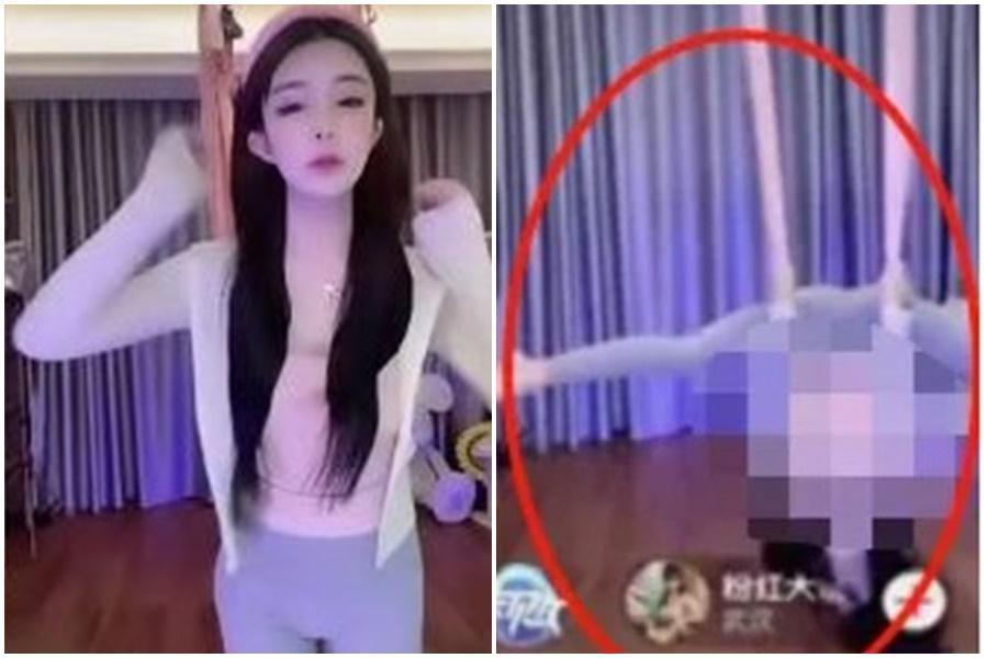 剛出道的直播主網紅表演空中瑜伽才藝，衣服裡的大肉包被看光。（翻攝自微信）